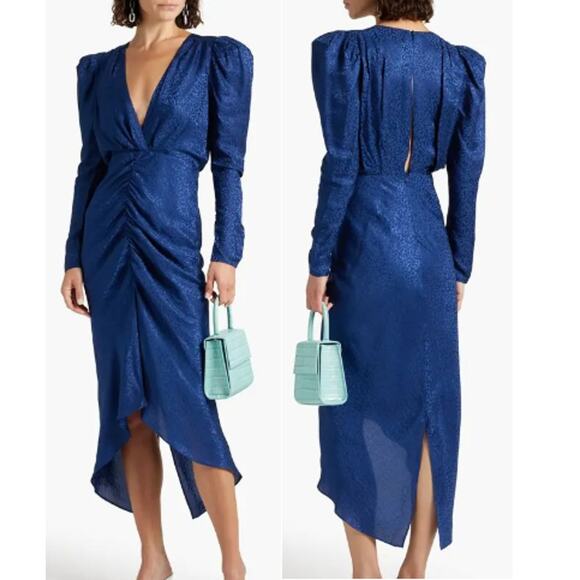 NWT Ronny Kobo Astrid Ruched Satin-Jacquard Midi Cocktail Dress Navy Women's L